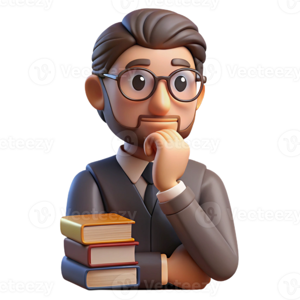 magnificent artistic Portrait of a contemplative scholar with spectacles perched on his nose, a thoughtful expression, and a stack of books beside him, lit by warm lamplight 4K png