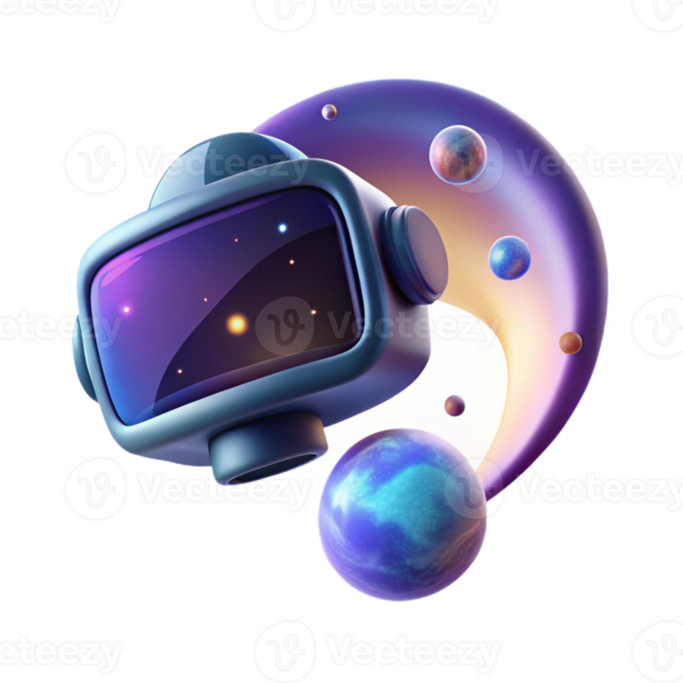 dramatic traditional A virtual reality headset floating in space, illuminated by the ethereal glow of a nebula, in a surreal style authentic png