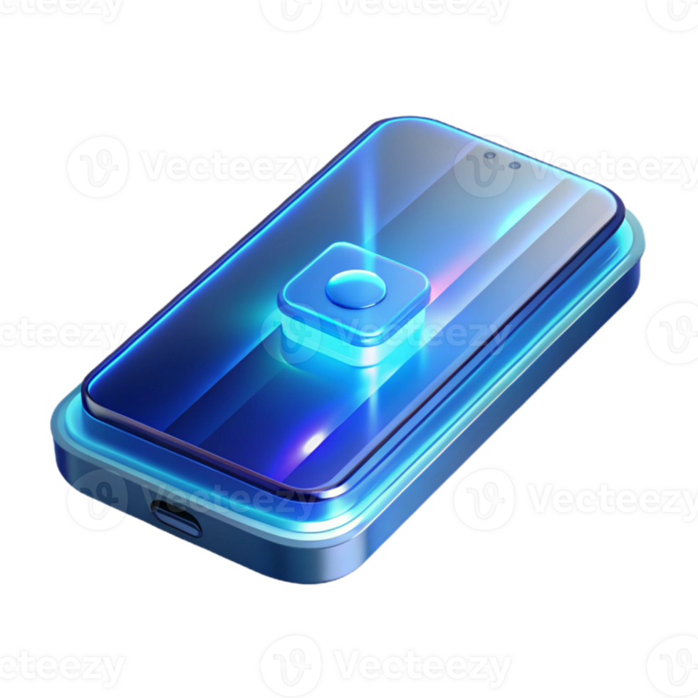 dramatic creative A transparent smartphone displaying a holographic interface, sleek design, blue lighting, futuristic style high resolution png