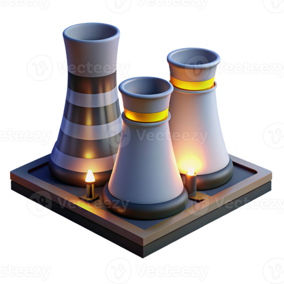 beautiful abstract A nuclear power plant at night, glowing cooling towers, industrial setting, realistic style high quality png