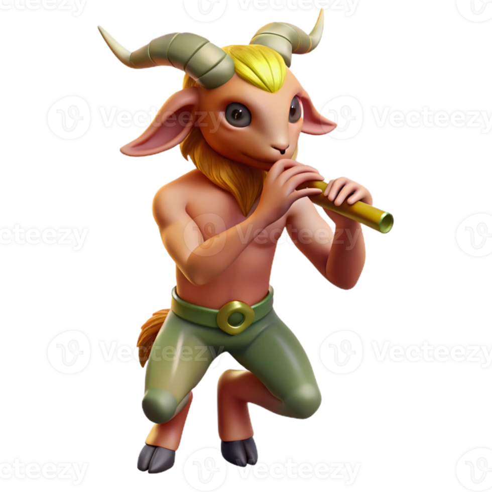 dramatic creative A playful satyr with goat legs and horns, playing a pan flute in a forest glade. Classical fantasy art style professional png