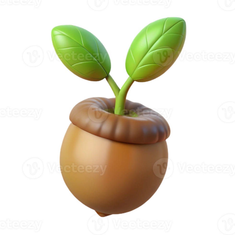 vibrant abstract A sprouting acorn, with a tiny oak tree emerging, soft diffused light, botanical illustration style detailed png