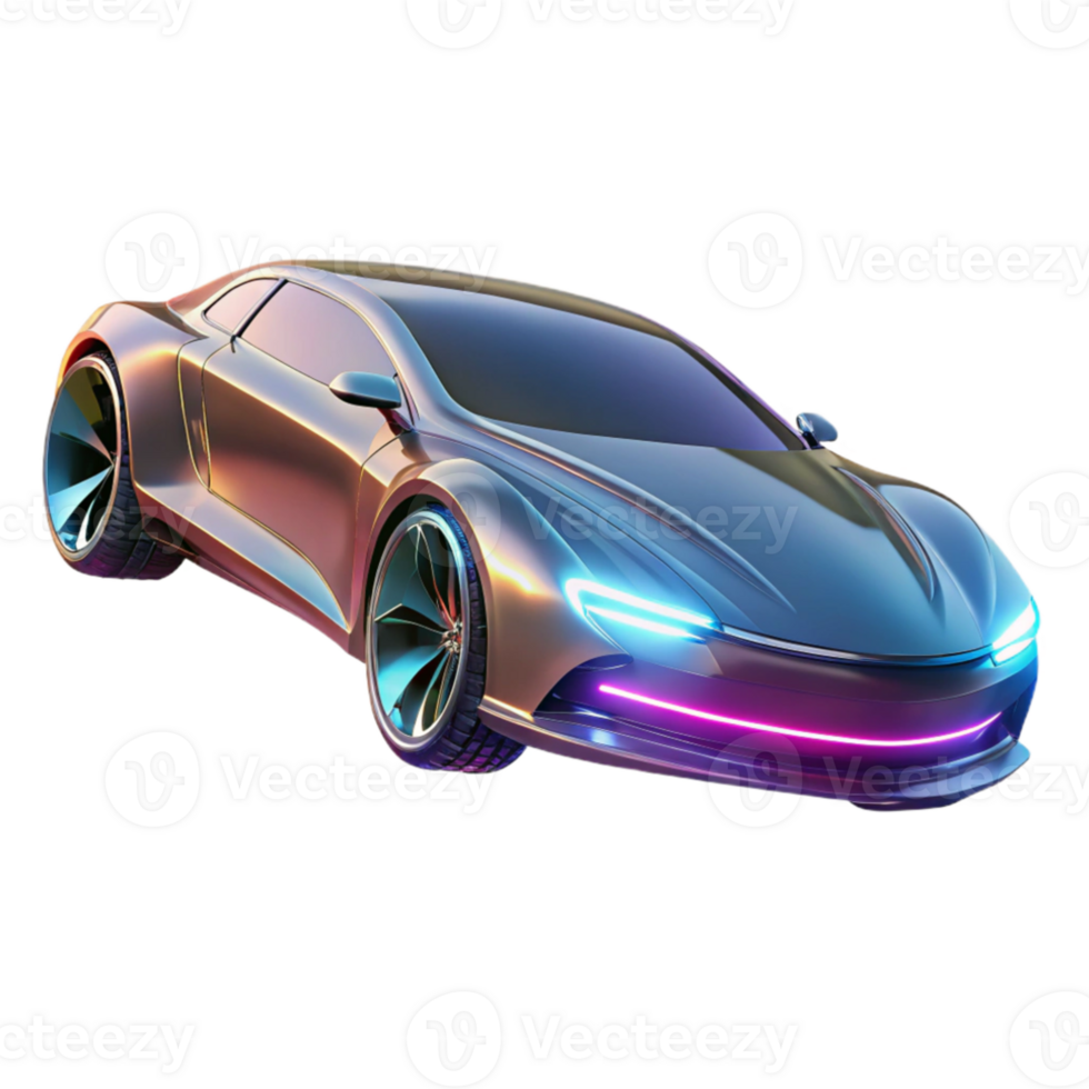 extraordinary abstract A futuristic car hovering above the ground, sleek and aerodynamic design, illuminated by neon lights reflecting on its chrome surface. Cyberpunk style original png