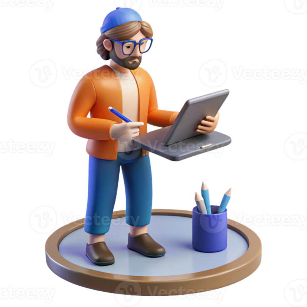 serene creative A digital artist creating a 3D model using a stylus and tablet, studio lighting, digital art style exclusive png