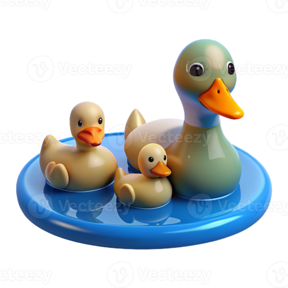 magnificent classic A family of ducks swimming in a pond, reflecting the clear blue sky, peaceful and serene style 4K png