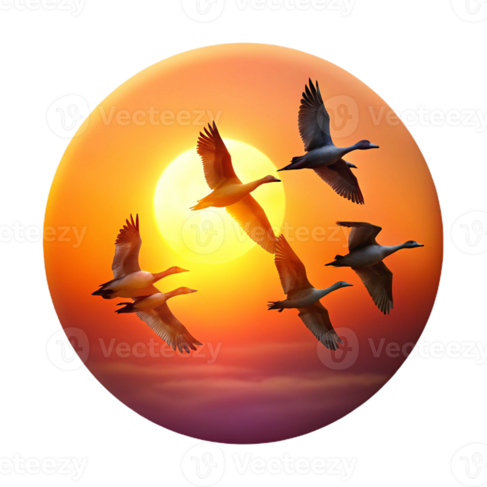 impressive creative A flock of geese flying in V-formation, silhouetted against a vibrant sunset, dramatic and inspiring style original png