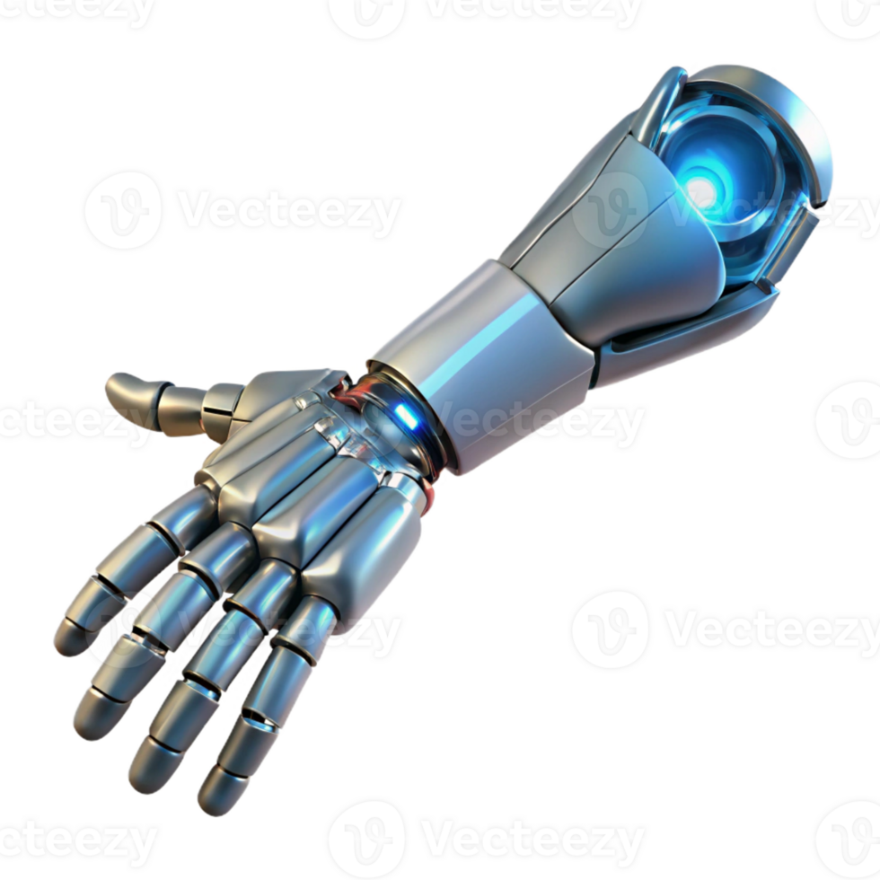 stunning creative A biomechanical prosthetic arm extending towards the viewer, detailed musculature and circuitry visible, lit by a cool, clinical light original png