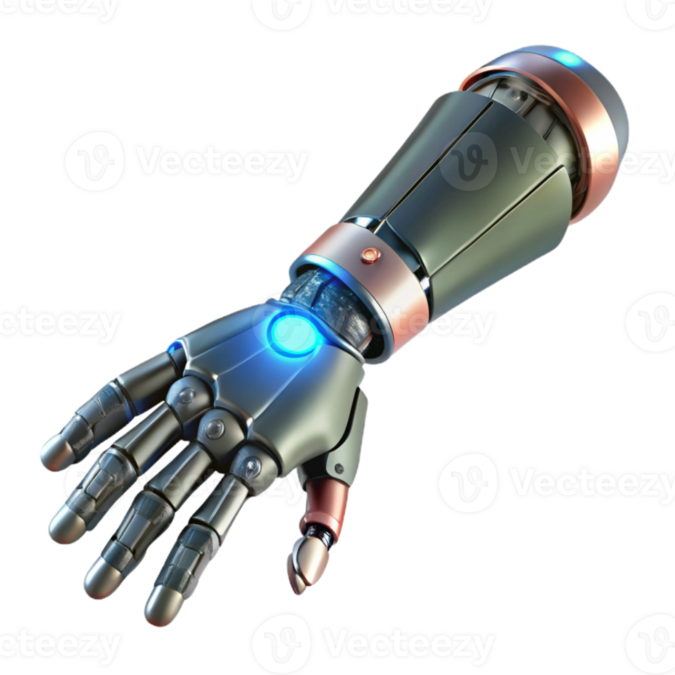 vibrant artistic A biomechanical prosthetic arm extending towards the viewer, detailed musculature and circuitry visible, lit by a cool, clinical light exclusive png