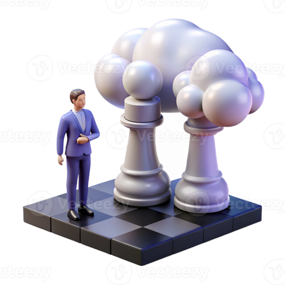 impressive modern A solitary figure with a birdcage head gazing at a giant chessboard made of clouds. Dreamlike, soft lighting authentic png