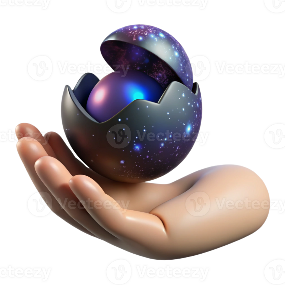 extraordinary artistic A human hand emerging from a cracked eggshell holding a miniature galaxy. Chiaroscuro lighting high quality png
