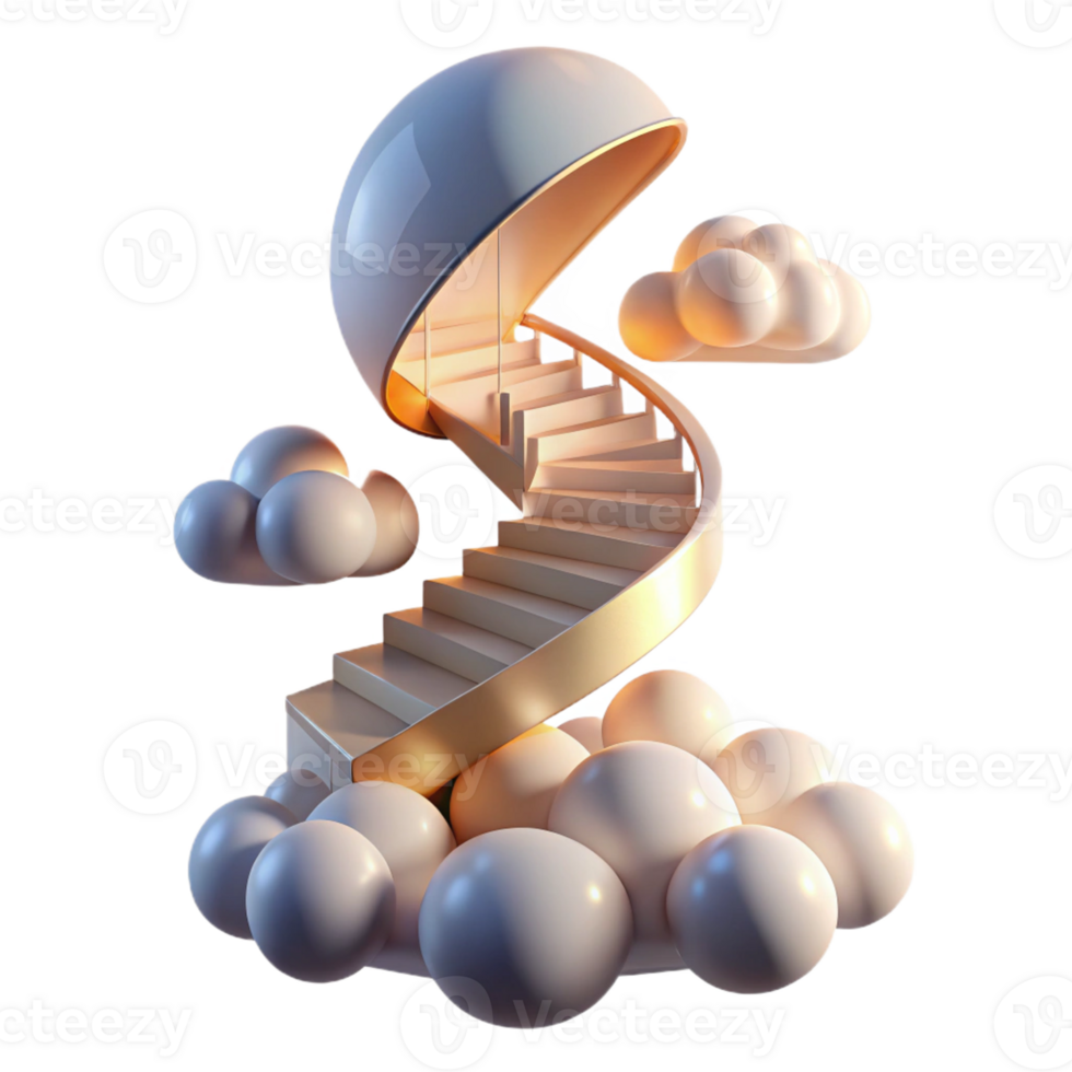 vibrant minimalist A staircase spiraling into the clouds, illuminated by sunlight. Surrealism style professional png
