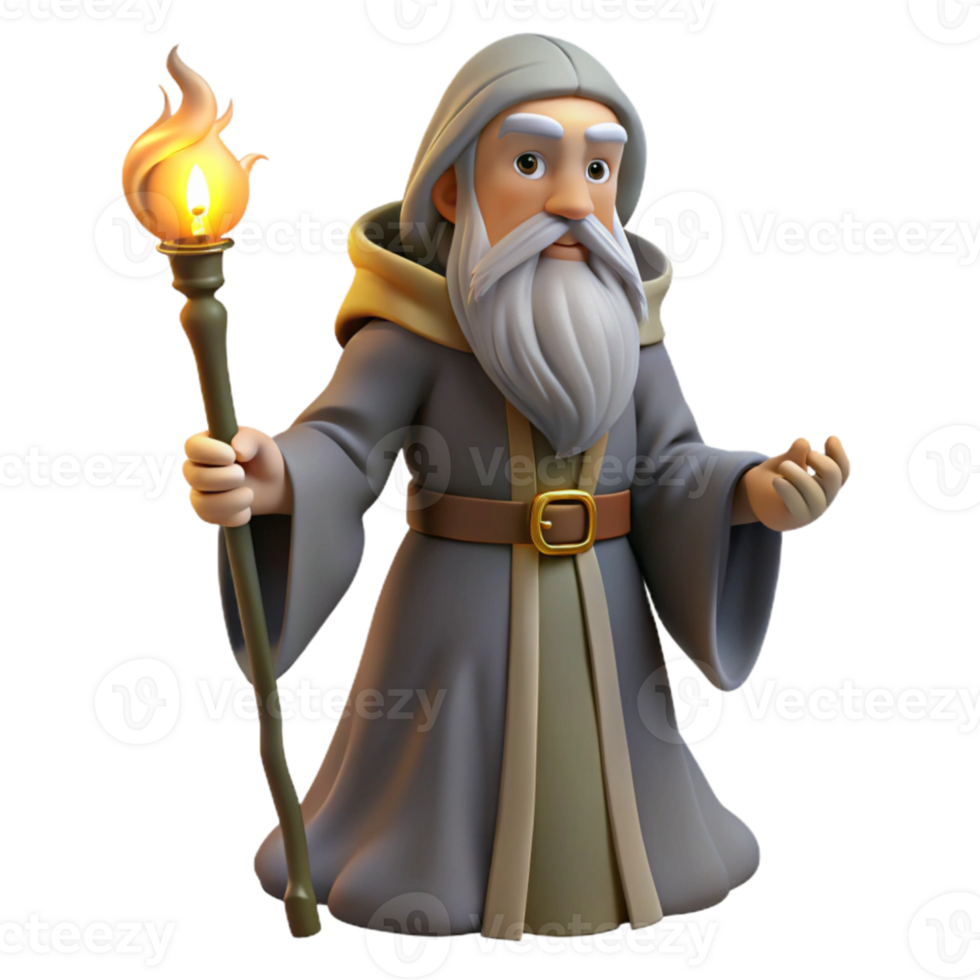 impressive classic A wise old wizard with a long flowing beard, holding a glowing staff, warm firelight, classical painting style exclusive png