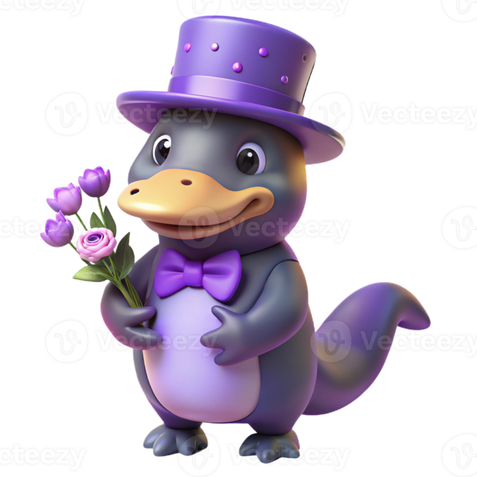 beautiful contemporary A shy, purple platypus wearing a top hat and holding a bouquet of flowers, lit by a soft, romantic moonlight, illustrated in a whimsical, storybook cartoon style detailed png