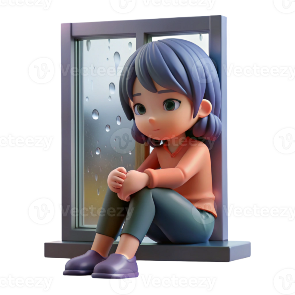 stunning vintage A melancholic anime girl sitting by a window, gazing at the rain, soft lighting, emotional anime style, introspective pose 4K png