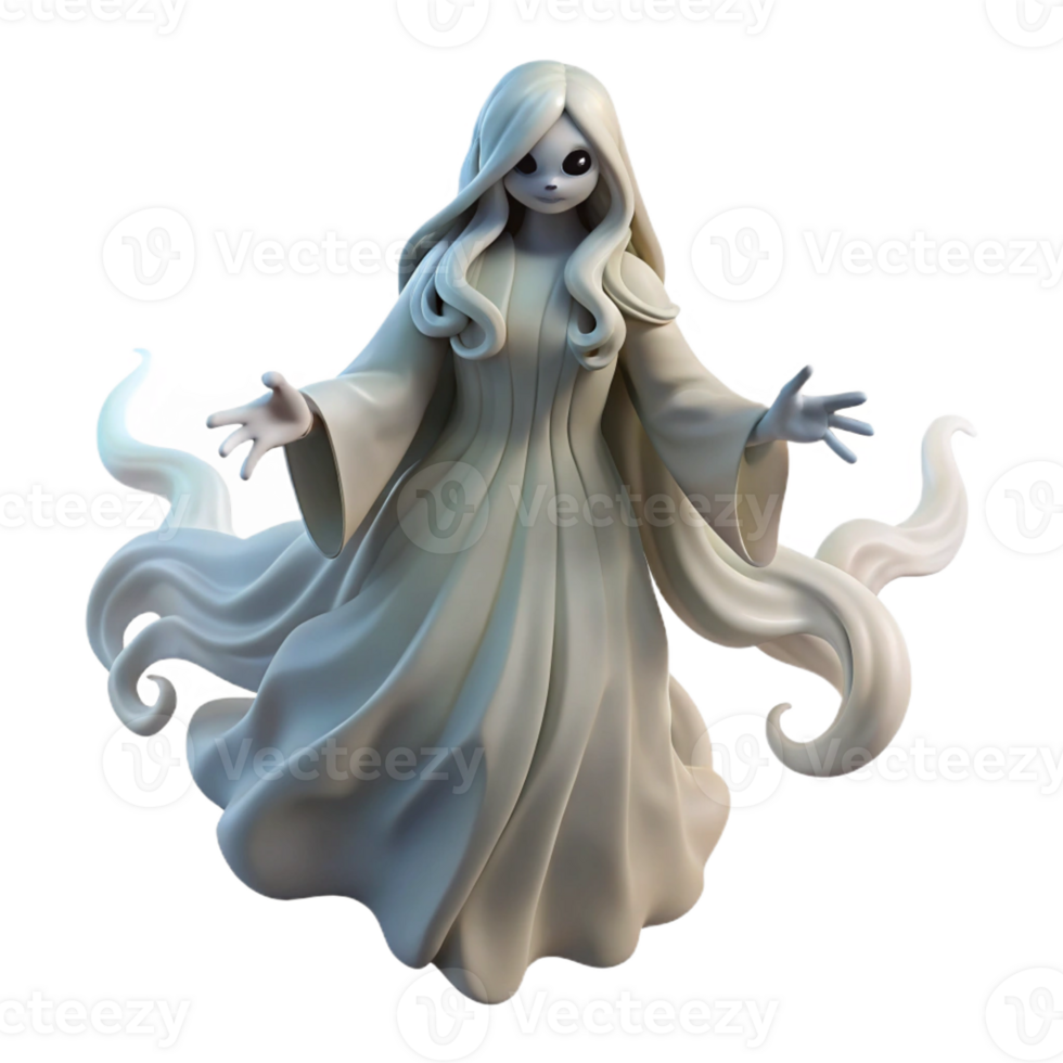dramatic vintage A ghostly figure floating in a dark forest, shrouded in mist, with a pale face and long, flowing hair. Romantic horror style detailed png
