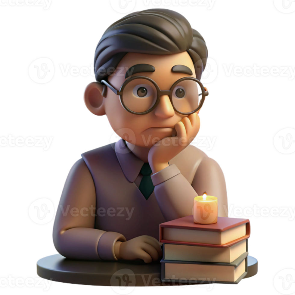 serene rustic Portrait of a contemplative scholar with spectacles perched on his nose, a thoughtful expression, and a stack of books beside him, lit by warm lamplight high resolution png