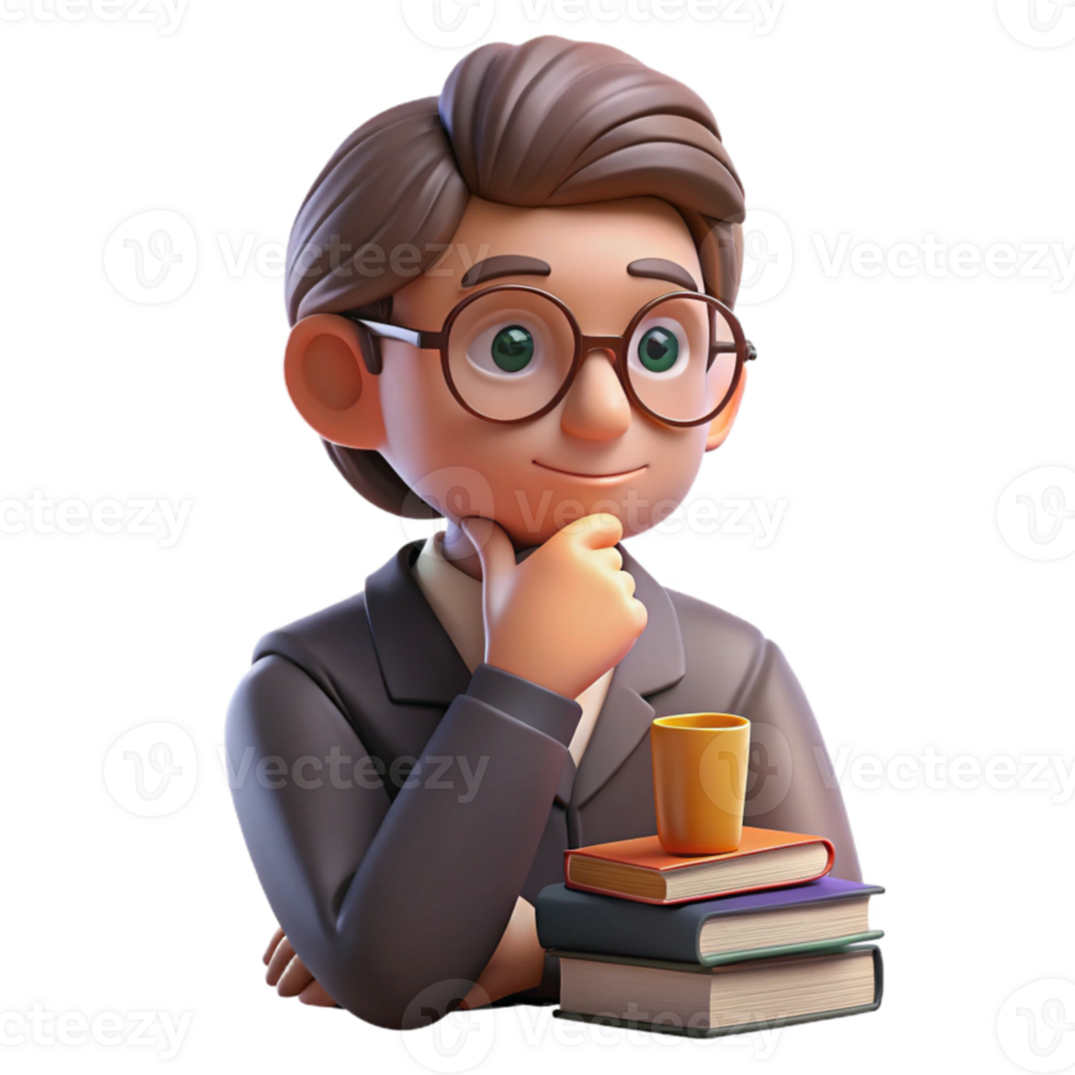 impressive vintage Portrait of a contemplative scholar with spectacles perched on his nose, a thoughtful expression, and a stack of books beside him, lit by warm lamplight premium png