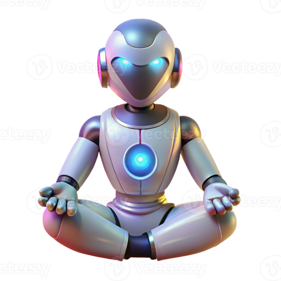 beautiful modern A robot meditating in a lotus position, illuminated by a soft, ethereal glow, in a spiritual, contemplative style premium png