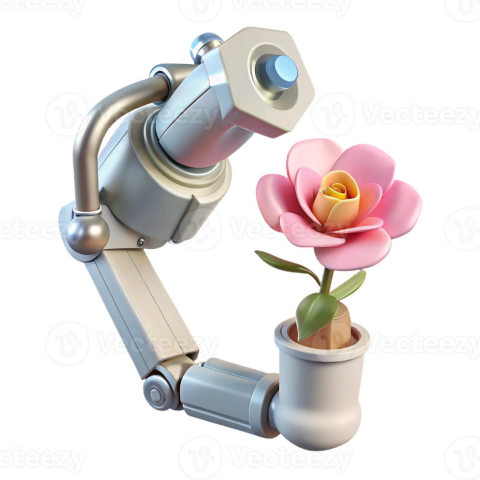 elegant minimalist A robotic arm holding a delicate flower, contrasting the mechanical and organic, soft, diffused lighting premium png
