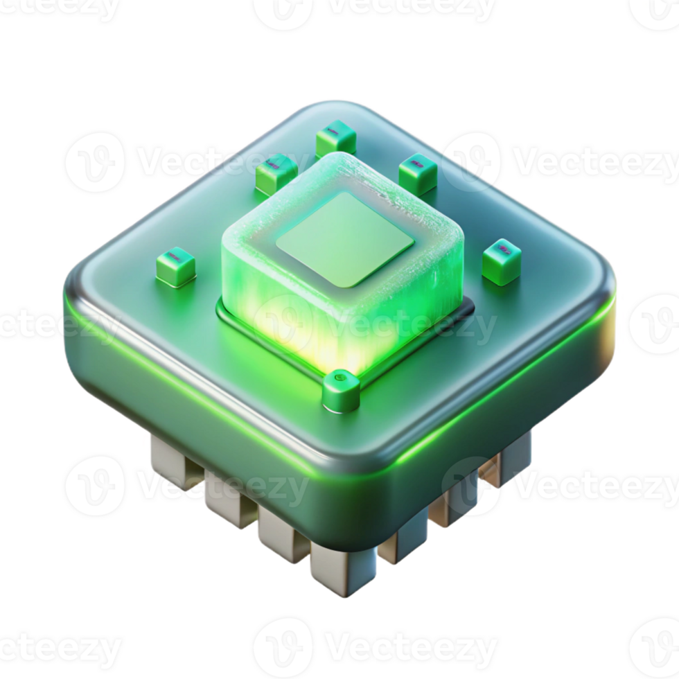 impressive artistic A single, glowing microchip levitating, intricate circuitry visible within its transparent casing, bathed in an ethereal green light detailed png