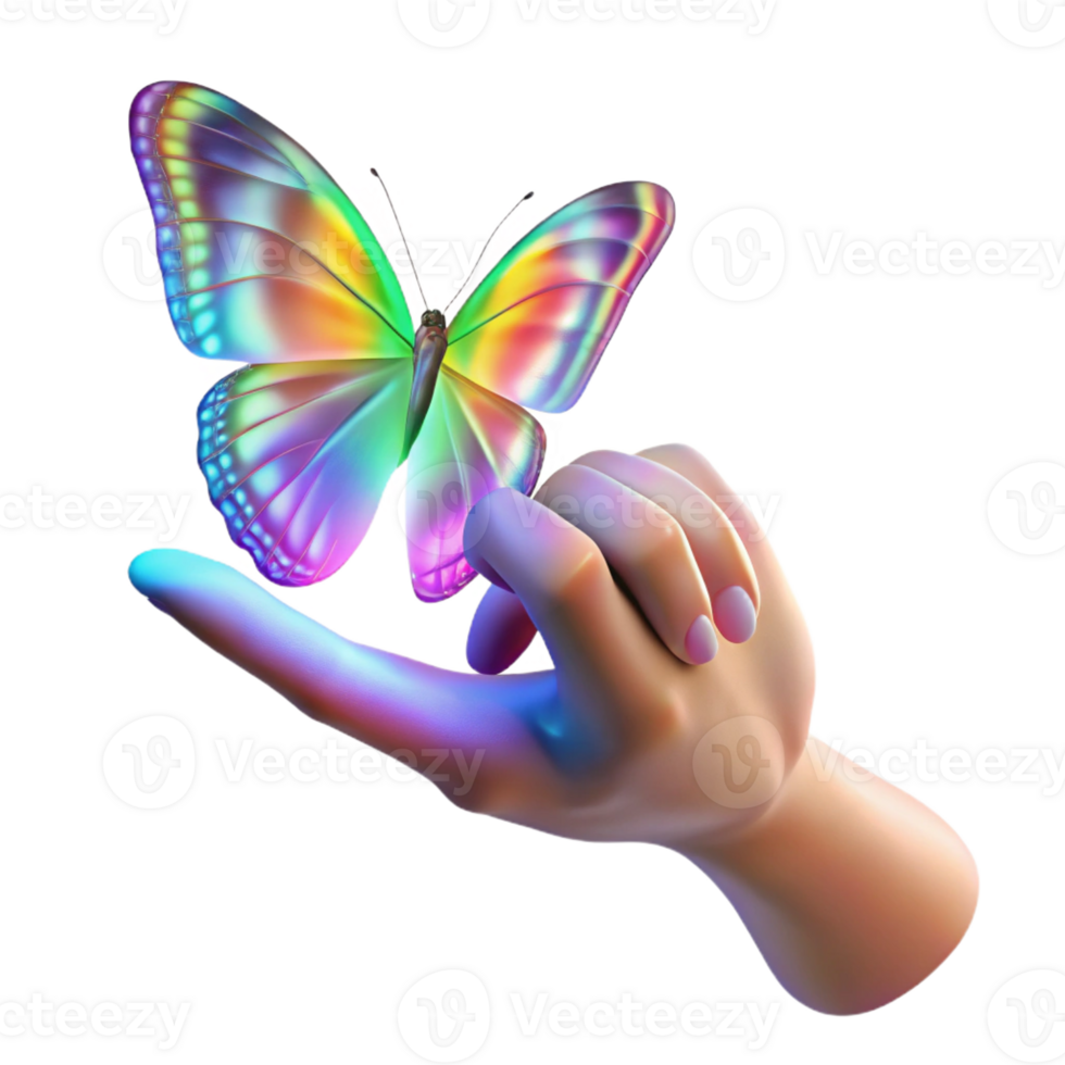 beautiful minimalist A human hand reaching out to touch a holographic, fractalized butterfly, bathed in iridescent rainbow light, Digital Art style high quality png