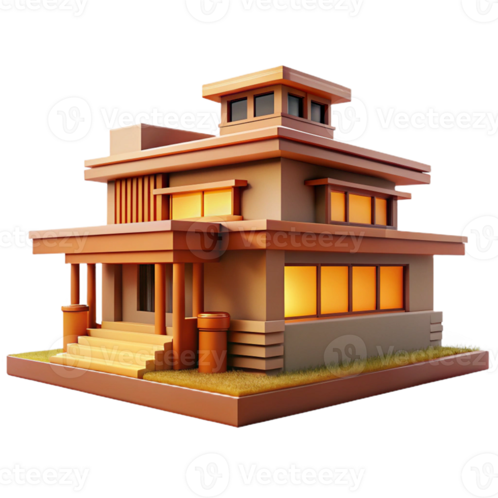 wonderful artistic Frank Lloyd Wright inspired house, prairie style, horizontal lines, warm natural lighting, organic architecture style original png