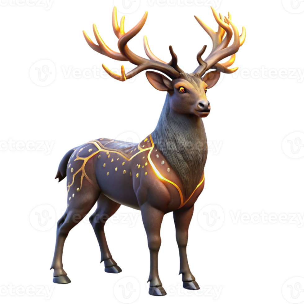 extraordinary traditional A majestic stag with antlers crafted from intertwined tree branches and glowing runes, illuminated by a dappled forest light, in a fantasy art style premium png