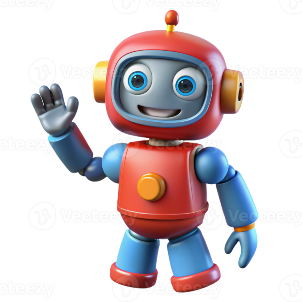 stunning modern A friendly, cartoonish robot with oversized eyes and bright primary colors, waving hello, lit by soft, diffused daylight. Cartoon style original png