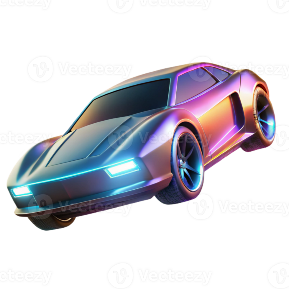 dramatic contemporary A futuristic car hovering above the ground, sleek and aerodynamic design, illuminated by neon lights reflecting on its chrome surface. Cyberpunk style 4K png