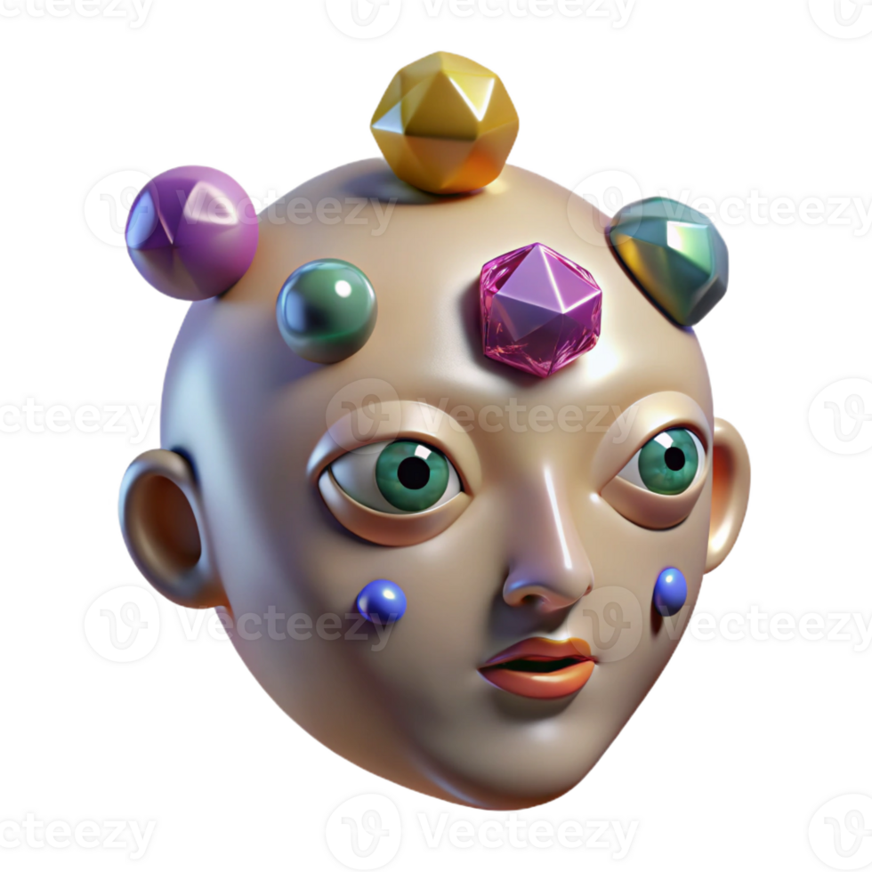 magnificent vintage A floating, disembodied head with eyes made of gemstones. Surrealism style high quality png