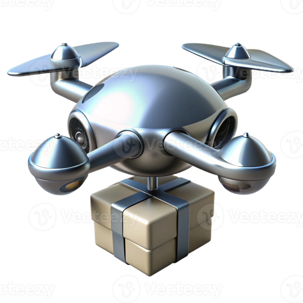 serene minimalist A futuristic drone delivering a package, sleek aerodynamic design, metallic silver finish, bright daylight, photorealistic style exclusive png
