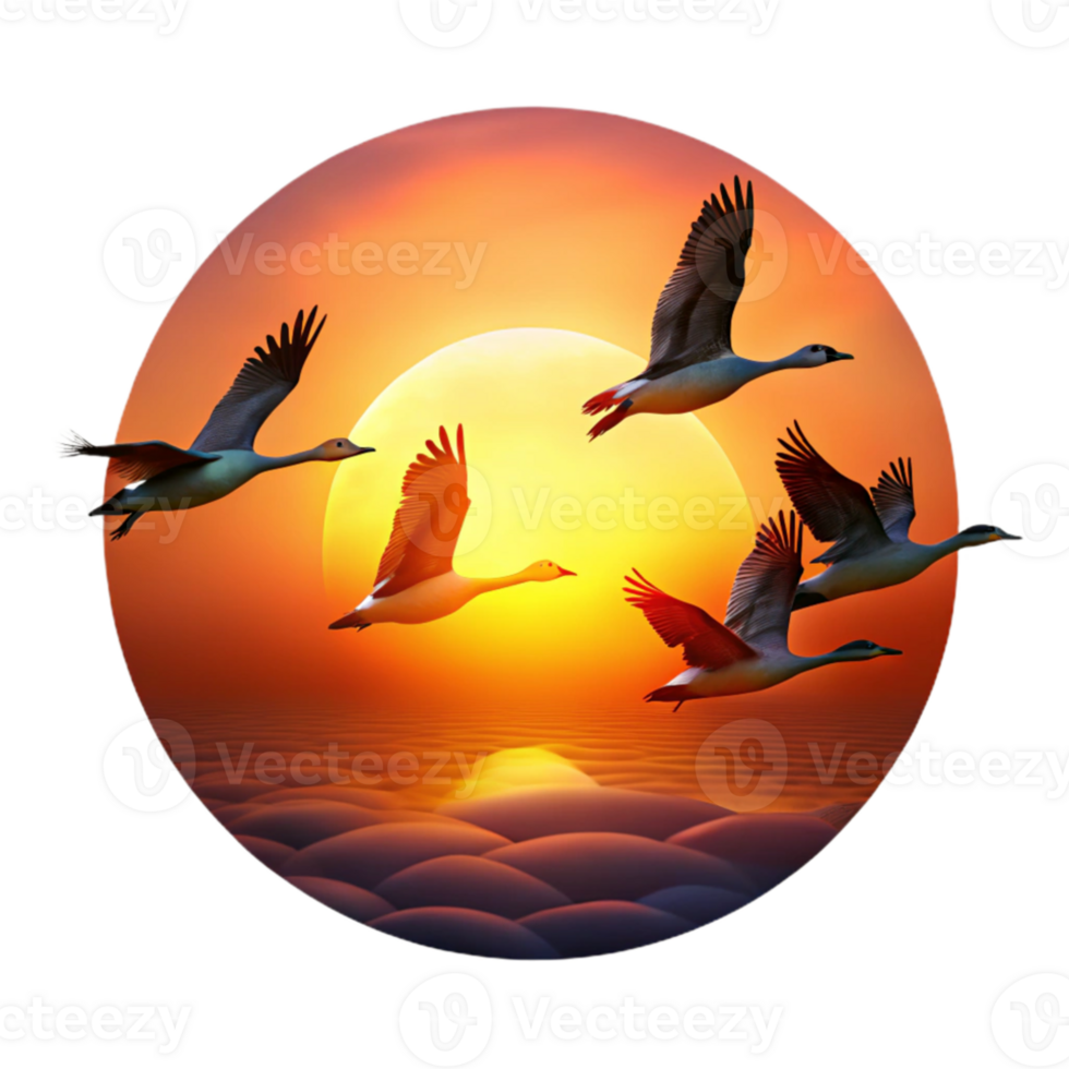 vibrant classic A flock of geese flying in V-formation, silhouetted against a vibrant sunset, dramatic and inspiring style detailed png