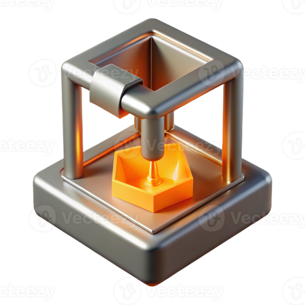 extraordinary traditional A 3D printer creating a complex, geometric shape out of liquid metal, illuminated by the bright, orange light of the printing process. Photorealistic style professional png