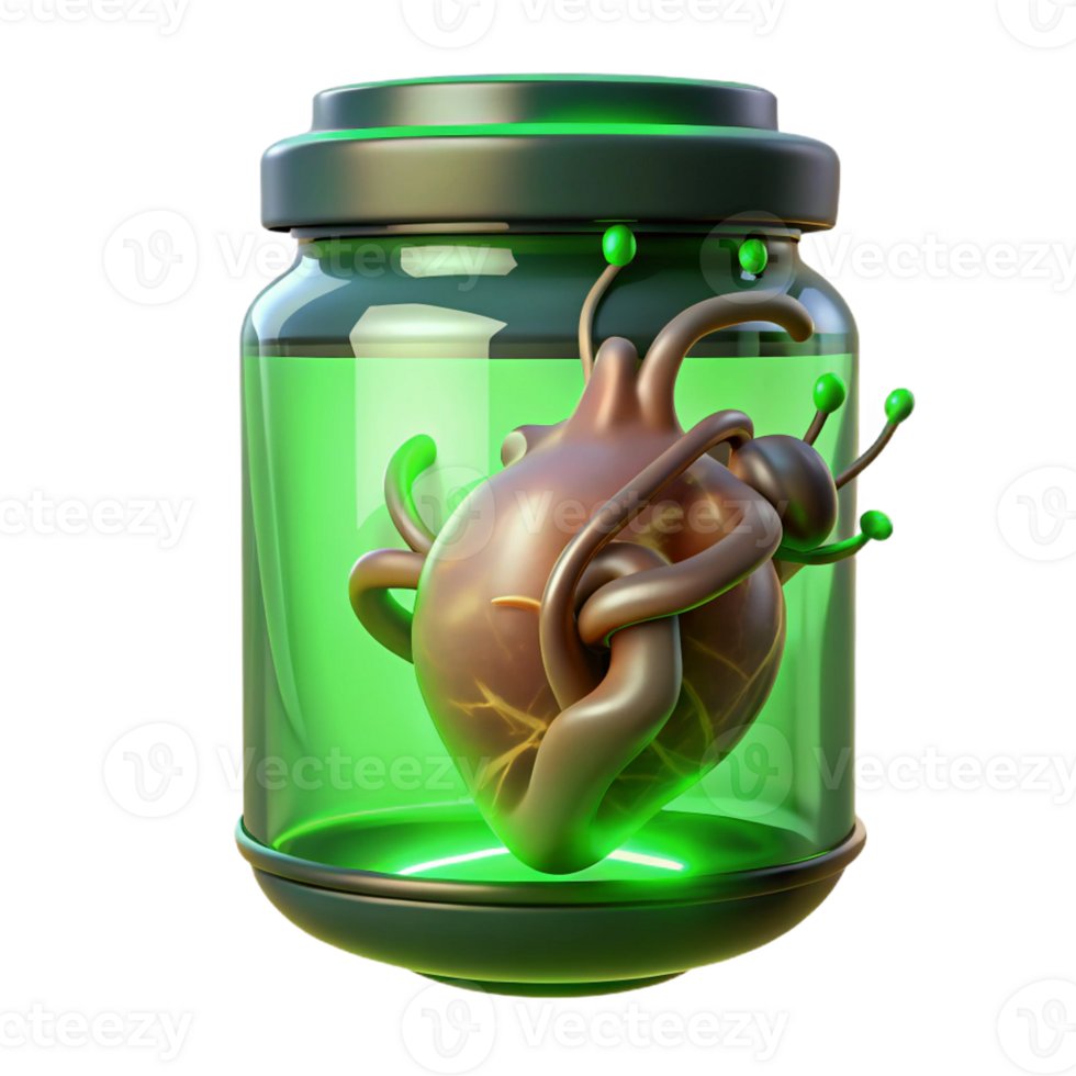 dramatic classic A grotesque, fleshy heart pulsating in a jar of formaldehyde, illuminated by an eerie green light, with wires attached to it. Body horror style professional png