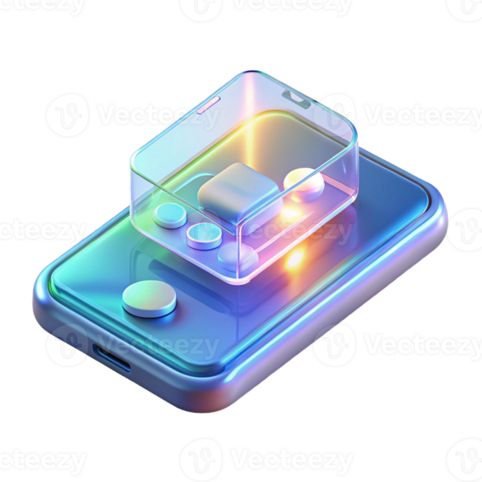 impressive rustic A transparent smartphone displaying a holographic interface, futuristic design, product design style high resolution png