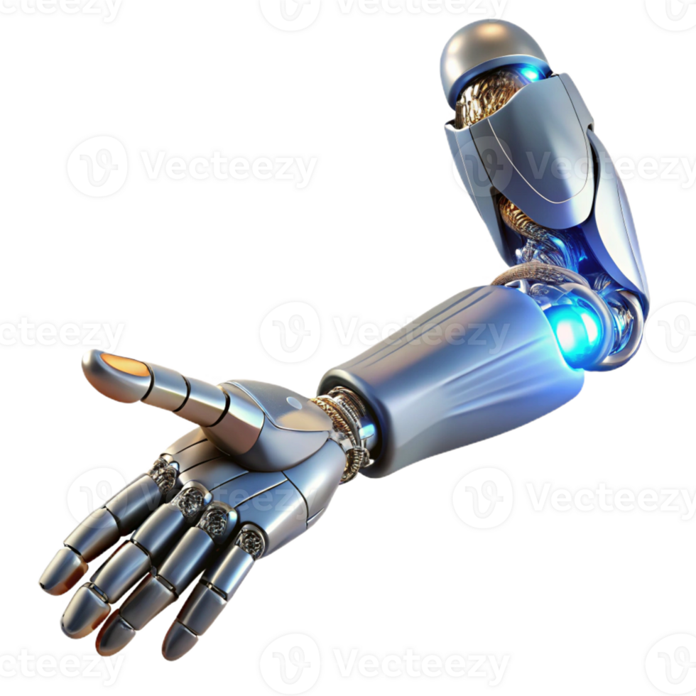 wonderful traditional A biomechanical prosthetic arm extending towards the viewer, detailed musculature and circuitry visible, lit by a cool, clinical light premium png