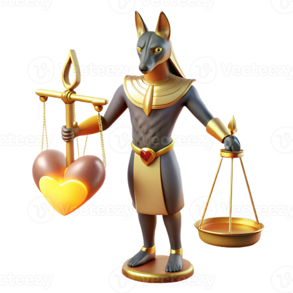 dramatic rustic A proud Anubis with the head of a jackal and the body of a man, weighing a heart on a golden scale, illuminated by a divine light. Ancient Egyptian style genuine png