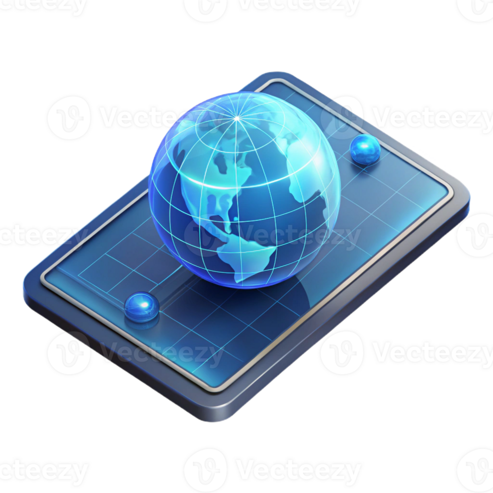 elegant creative A transparent tablet displaying a holographic map of the world, futuristic design, sleek aesthetic premium png