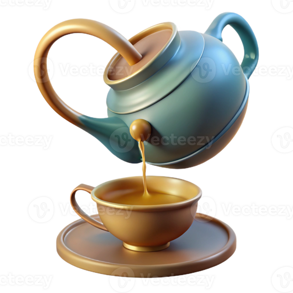 vibrant modern A levitating teapot pouring a stream of liquid light into a bottomless cup. Renaissance painting style high resolution png