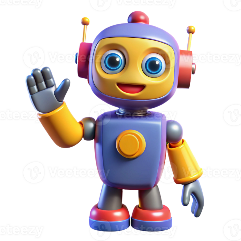 stunning traditional A friendly, cartoonish robot with bright primary colors and oversized eyes, waving hello, lit by soft, diffused lighting, in a whimsical, playful style genuine png
