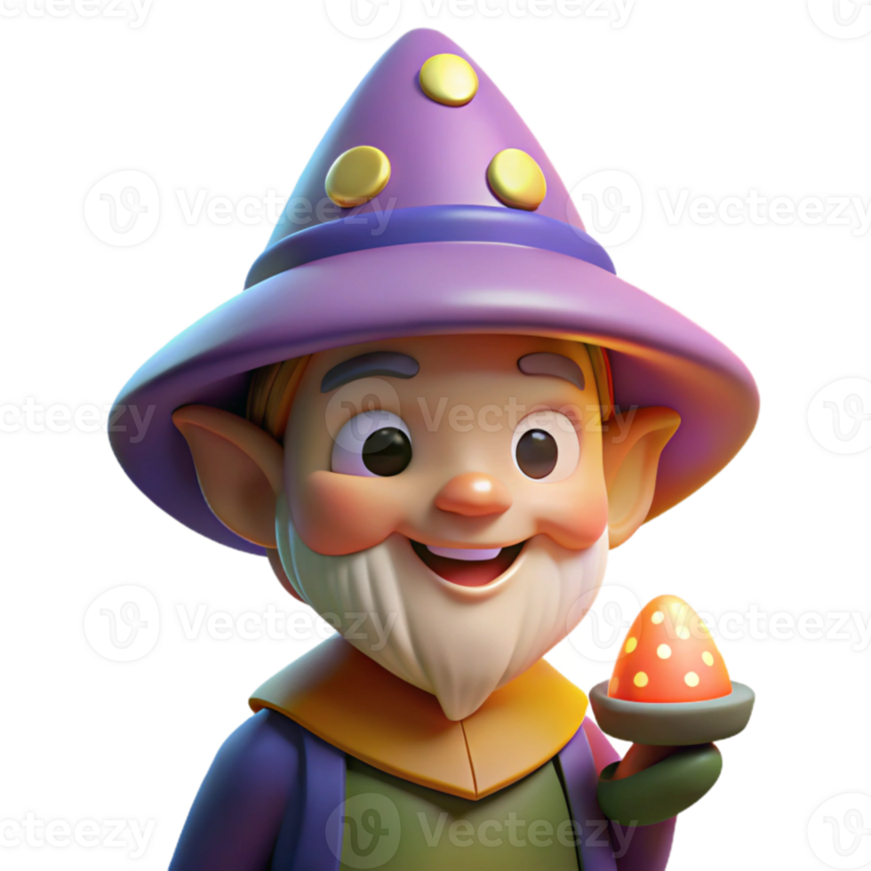 vibrant classic Portrait of a whimsical gnome with a pointed hat and a mischievous grin, lit by a glowing mushroom, fantasy art style premium png