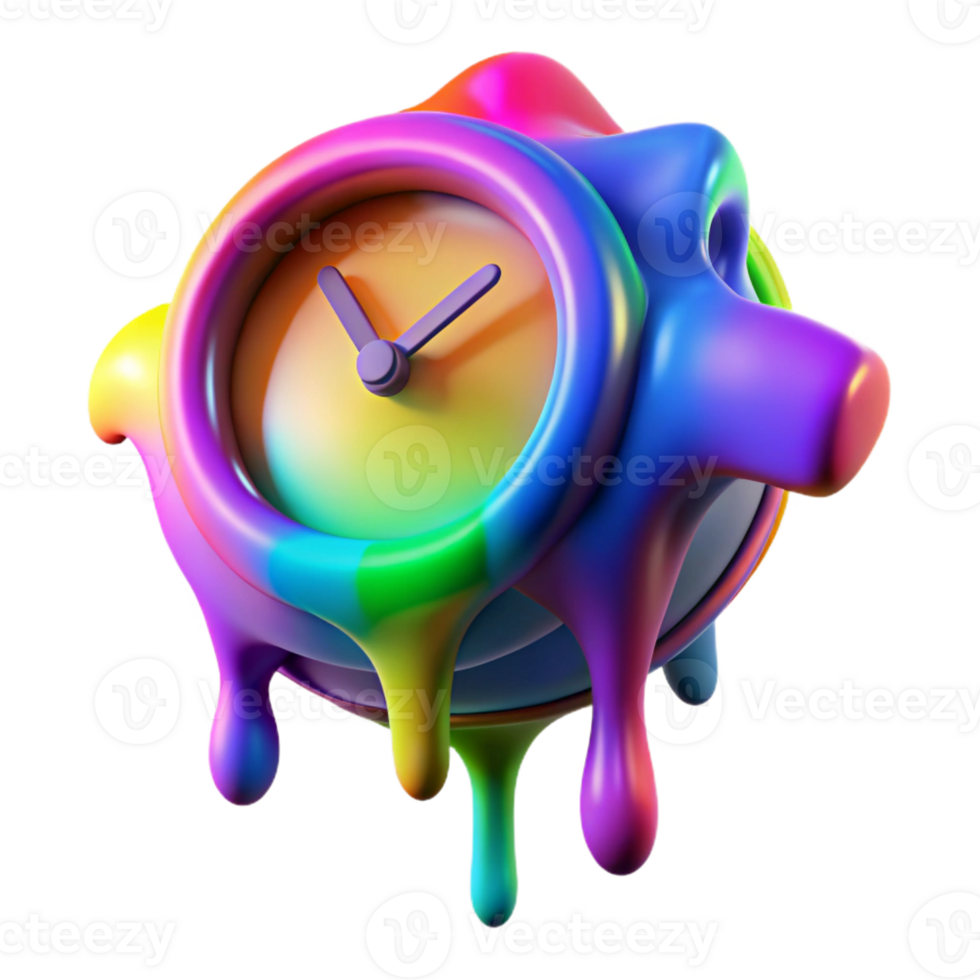 extraordinary creative A melting clock dripping vibrant rainbow hues onto a tessellated surface of morphing geometric shapes, lit by a pulsating black light, Surrealism style detailed png