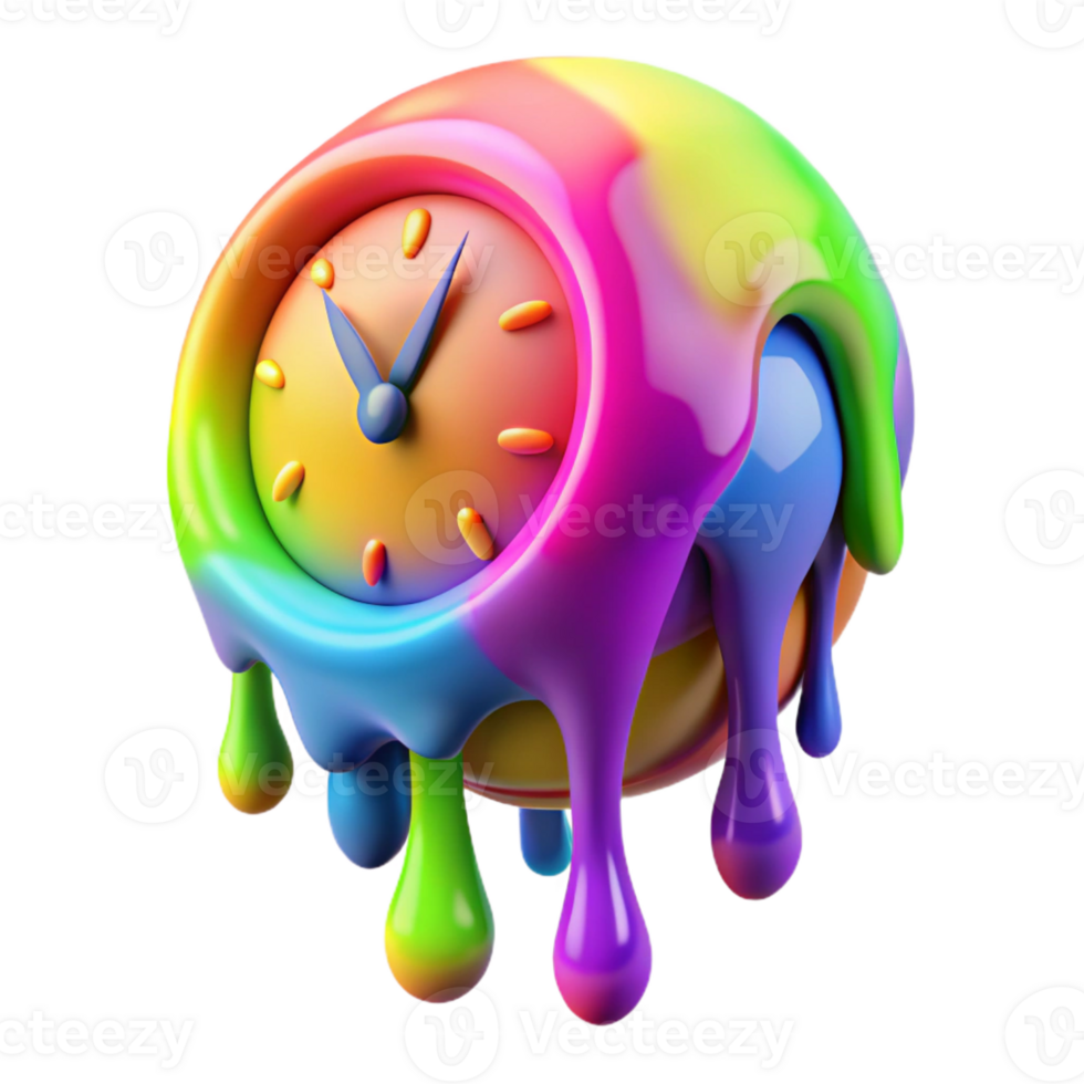 magnificent creative A melting clock dripping with rainbow-colored liquid, in a surrealist style, premium png