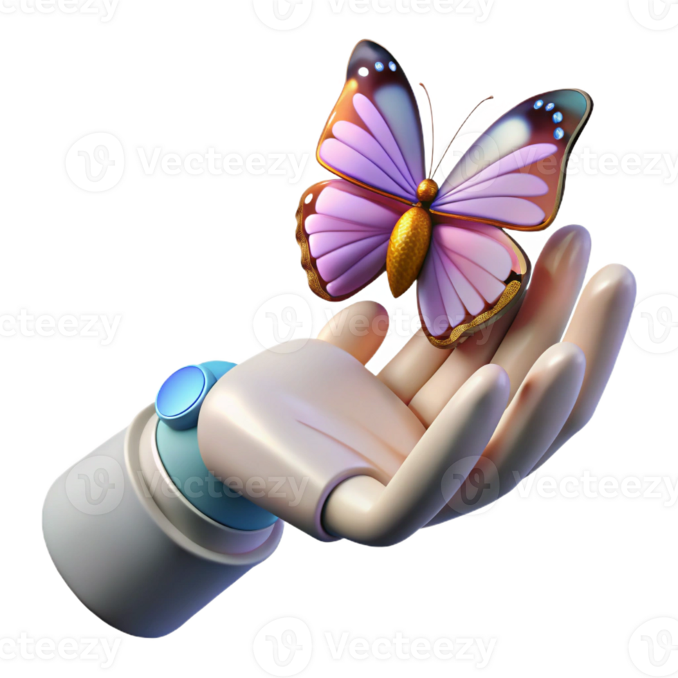 magnificent creative A robotic hand gently holding a butterfly, nature meets technology theme, soft, warm lighting detailed png