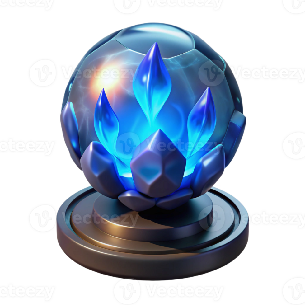 elegant contemporary A levitating crystal orb pulsating with internal sapphire blue flames, casting dancing shadows, in a chiaroscuro oil painting style high resolution png