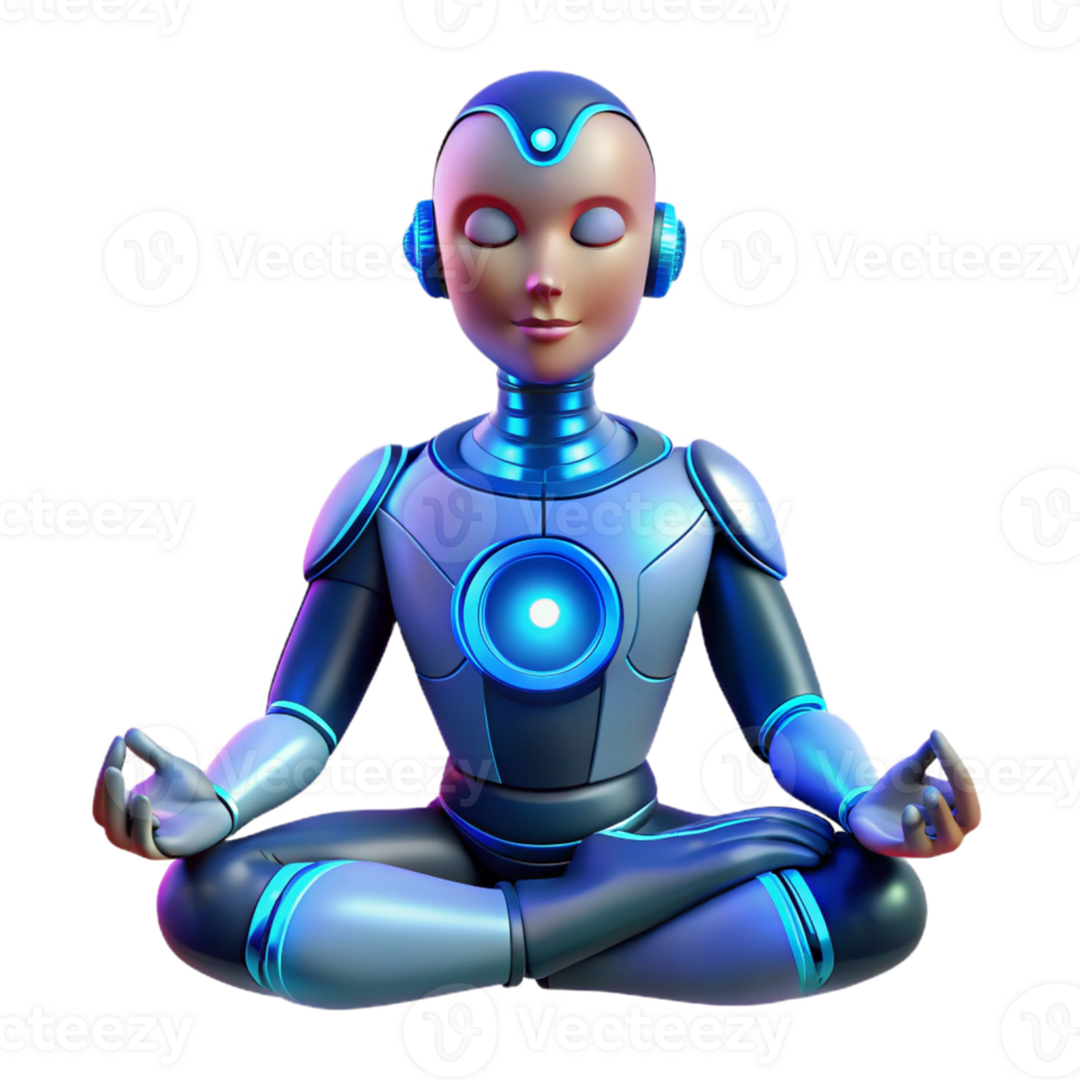 wonderful creative A cyborg with glowing blue circuitry visible beneath their synthetic skin, meditating in a dimly lit room, a sense of tranquility and inner peace detailed png