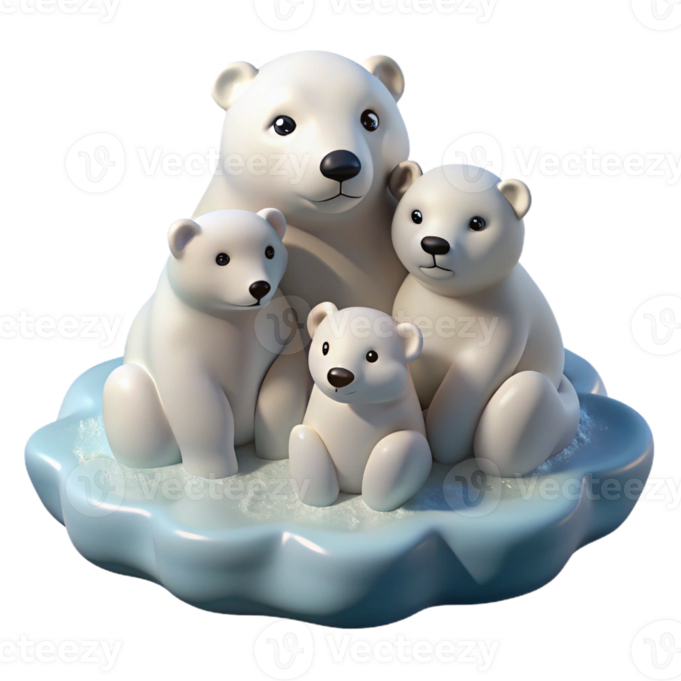 stunning vintage A family of polar bears huddled together on a shrinking ice floe, under a pale, arctic sky, in a poignant, environmental art style detailed png