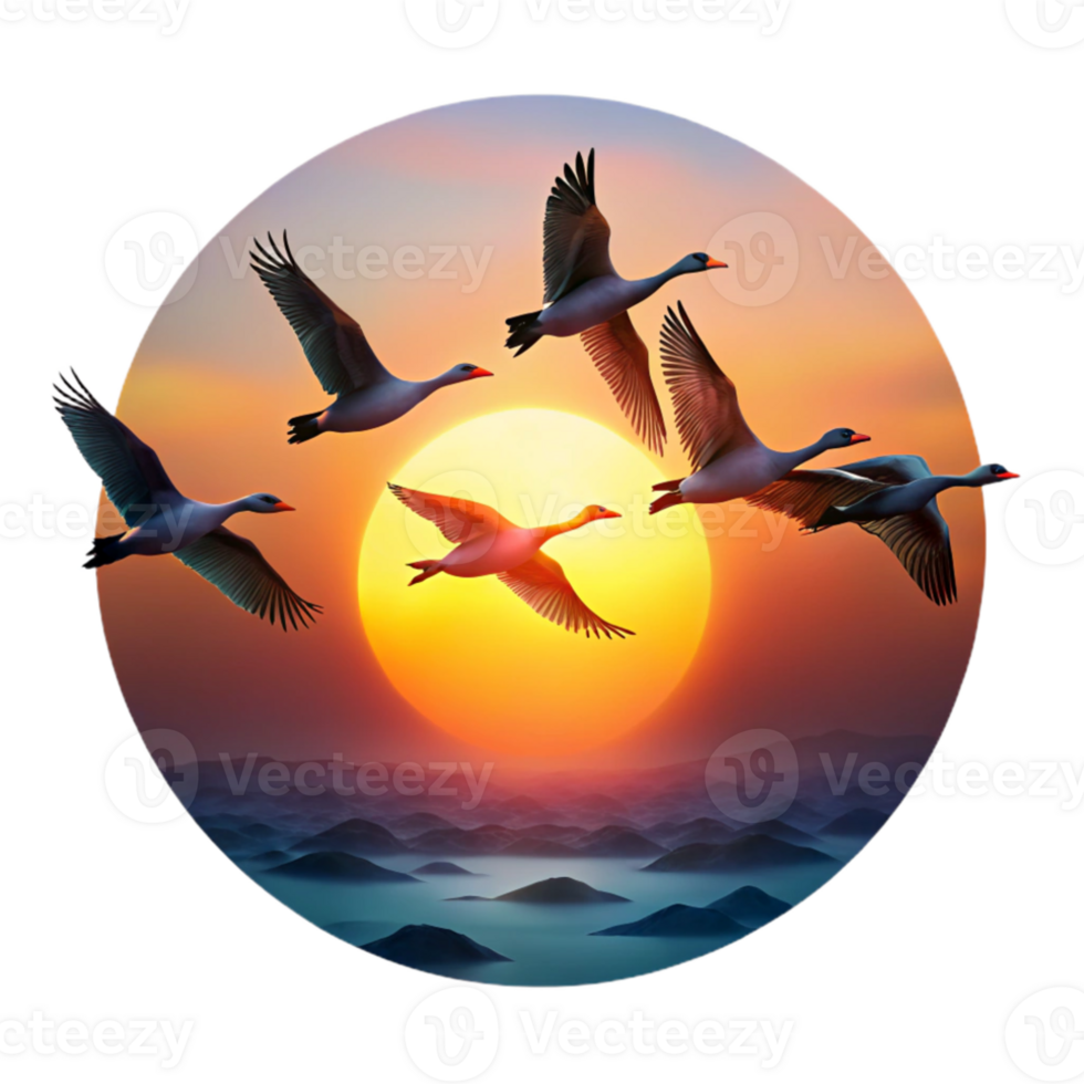 dramatic abstract A flock of geese flying in V-formation, silhouetted against a vibrant sunset, dramatic and inspiring style high resolution png