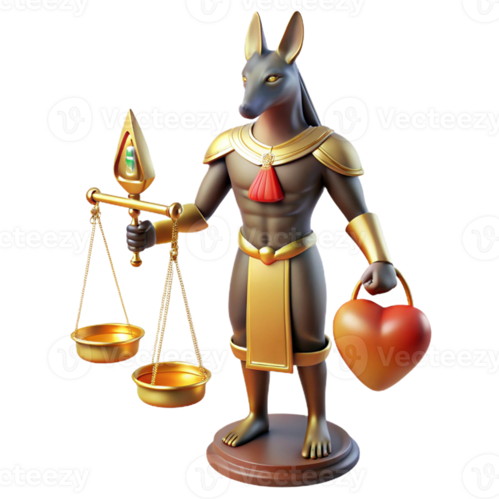 impressive contemporary A proud Anubis with the head of a jackal and the body of a man, weighing a heart on a golden scale, illuminated by a divine light. Ancient Egyptian style original png