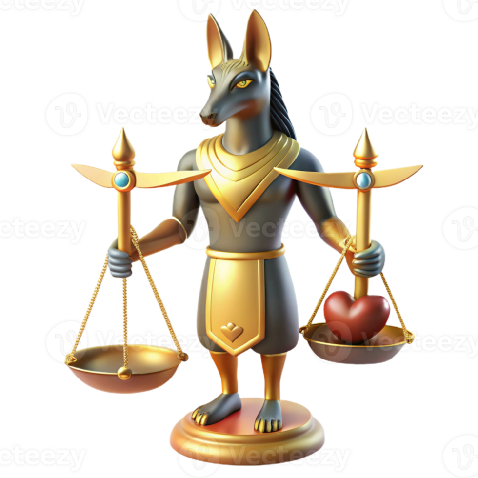 wonderful contemporary Anubis, the jackal-headed god, weighing a heart against a feather on golden scales, hieroglyphs etched on the scales, ancient Egyptian art style original png